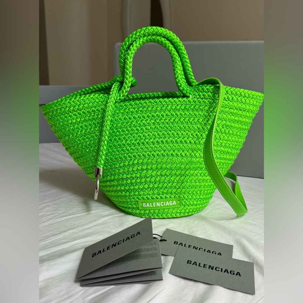 Balenciaga Tote Ibiza straw Bag Bright green collection 2022 new leather trim